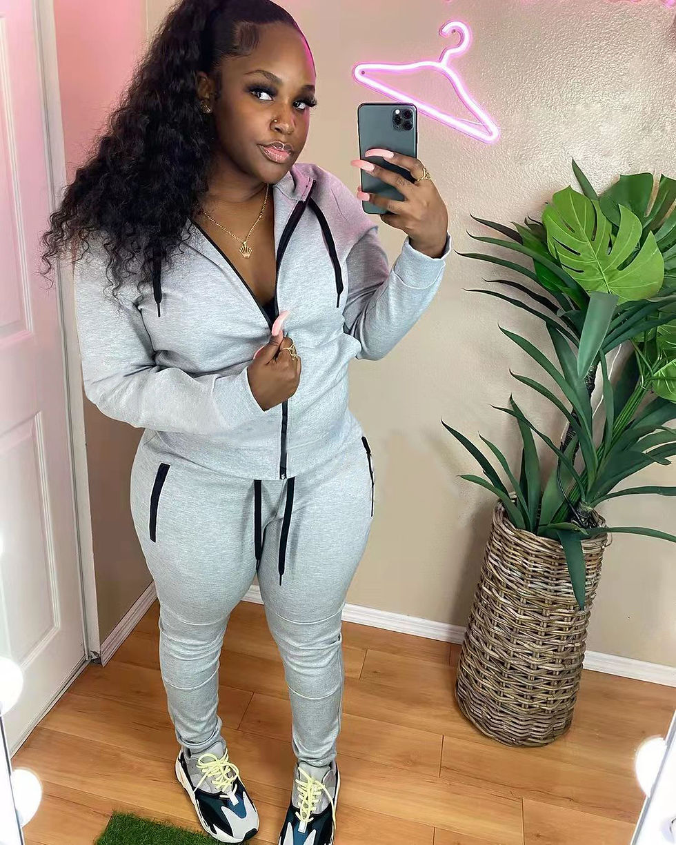 Thumbnail: Women’s Two-Piece Drawstring Jogger Pants and Zipper Hoodie Sweatshirt Set