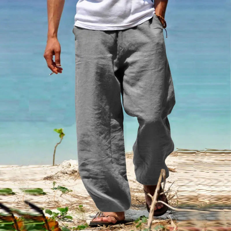 Thumbnail: Men’s Cotton Linen Beach Pants – Breathable Loose Straight Summer Trousers