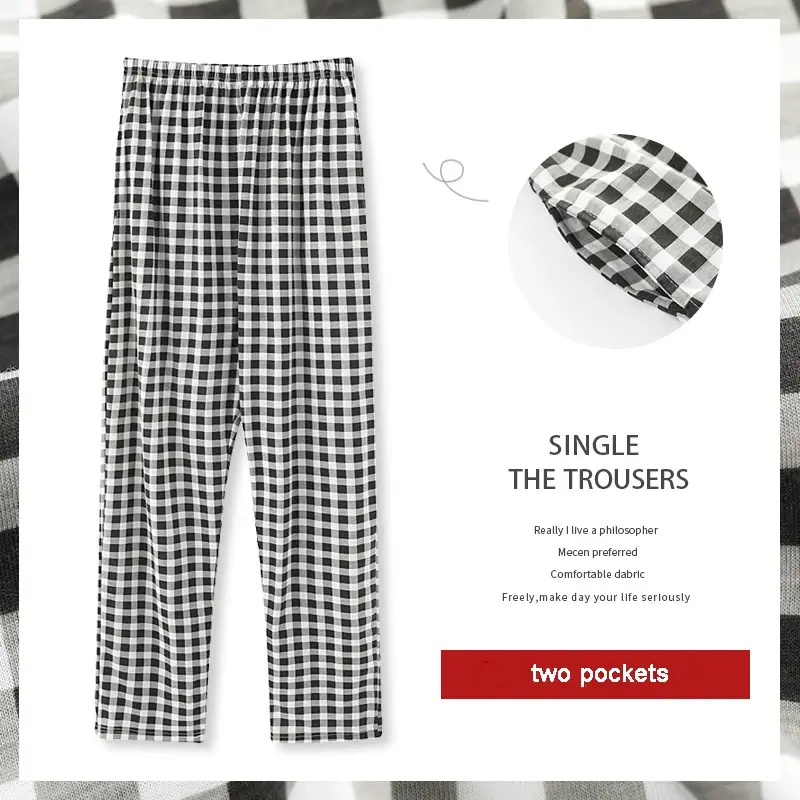 Thumbnail: Unisex Full-Length Plaid Cotton Pajama Pants with Pockets Summer Sleepwear