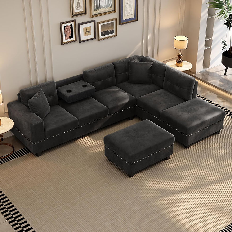 Thumbnail: Modern L-Shaped Sectional Sofa with Storage Ottoman and Pillows