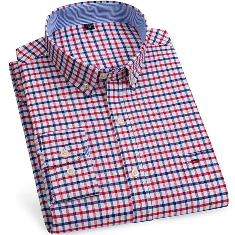 Men's Long Sleeve Oxford Checkered Shirt – Casual Travel Wear with Single Pocket