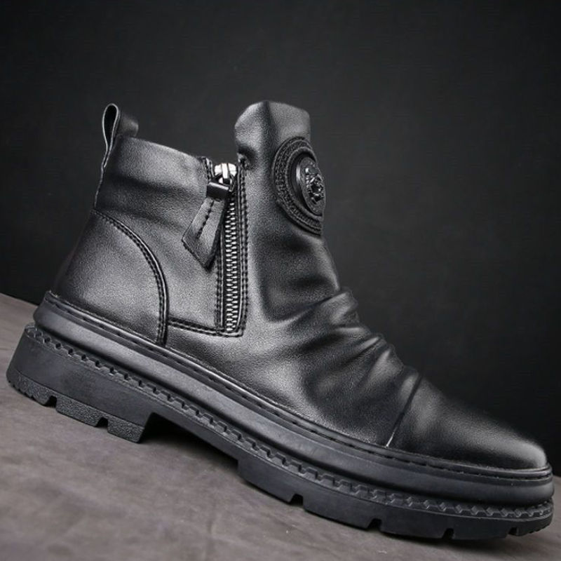 Thumbnail: Motorcycle Leather Boots Side Zip Round Toe British High Office Shoe for Men