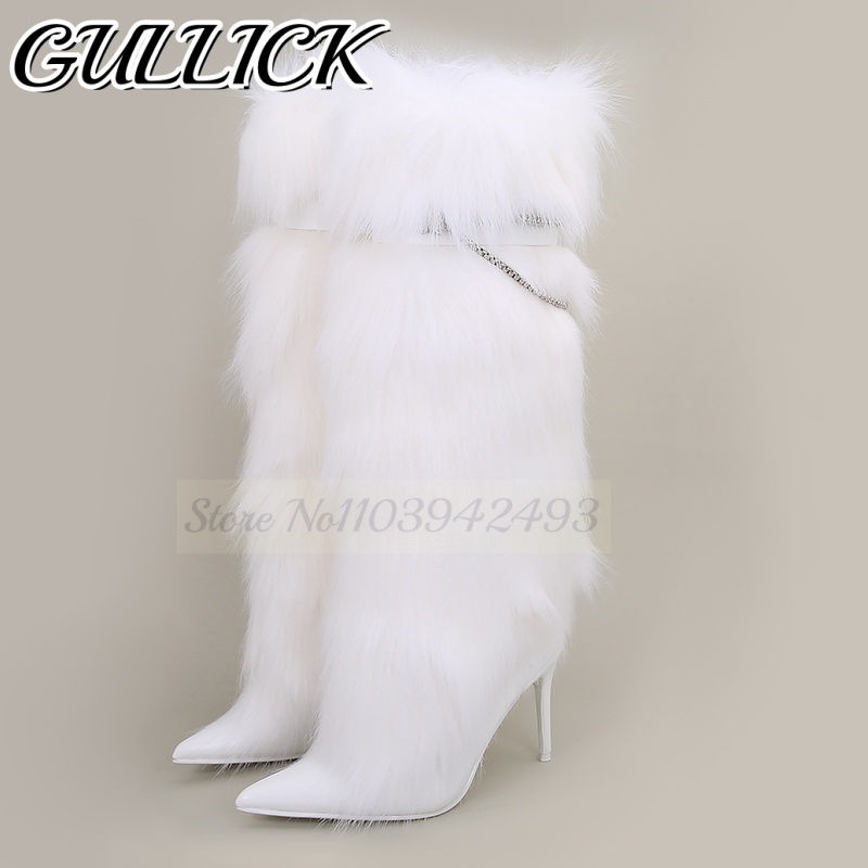 Thumbnail: Grey Fur Pointed Toe High Heel Snow Boots – Women’s Luxury Winter Fashion
