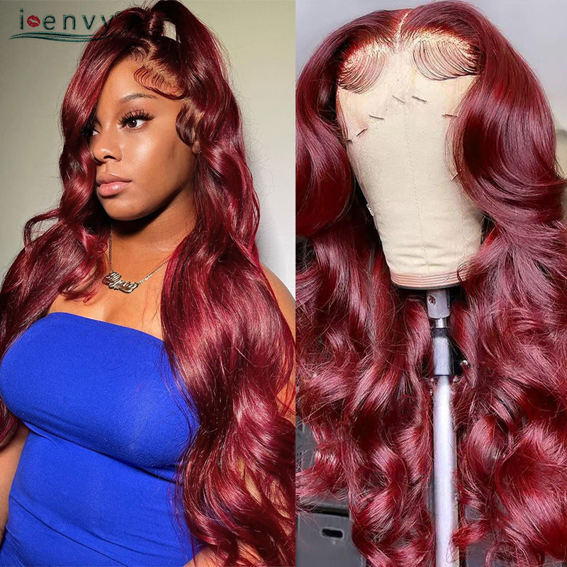 Thumbnail: HD Burgundy Red Lace Wig – 13x4/13x6 Body Wave, Pre-Plucked Peruvian Hair