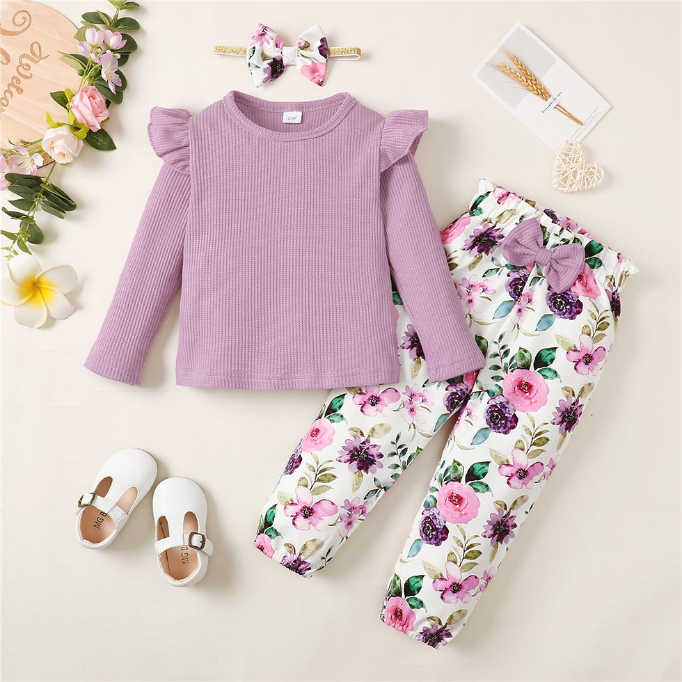 Thumbnail: Girls’ Long Sleeve Ribbed Shirt & Floral Pants 2-Piece Set