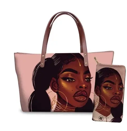 Thumbnail: Black African Art Printed PU Leather Tote & Shoulder Bag Set
