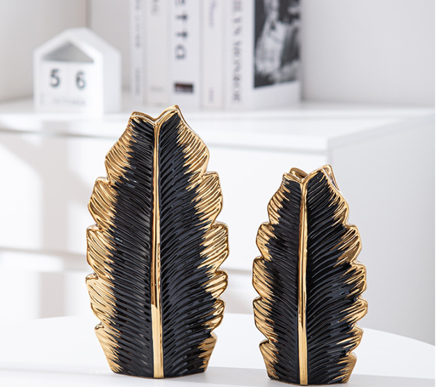 Thumbnail: 2Pcs/Nordic black gold plating leaf ceramic vase