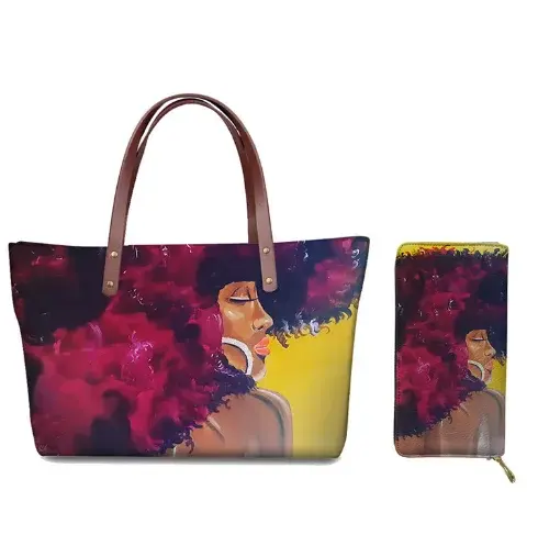 Thumbnail: Black African Art Printed PU Leather Tote & Shoulder Bag Set