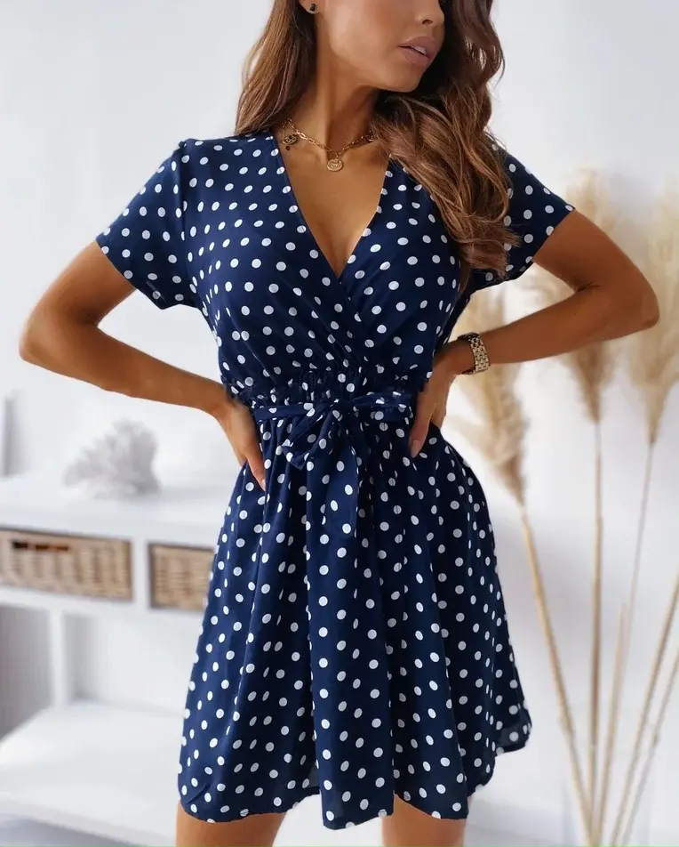 Thumbnail: Women's Polka Dot Knee-Length Casual V-Neck Dress