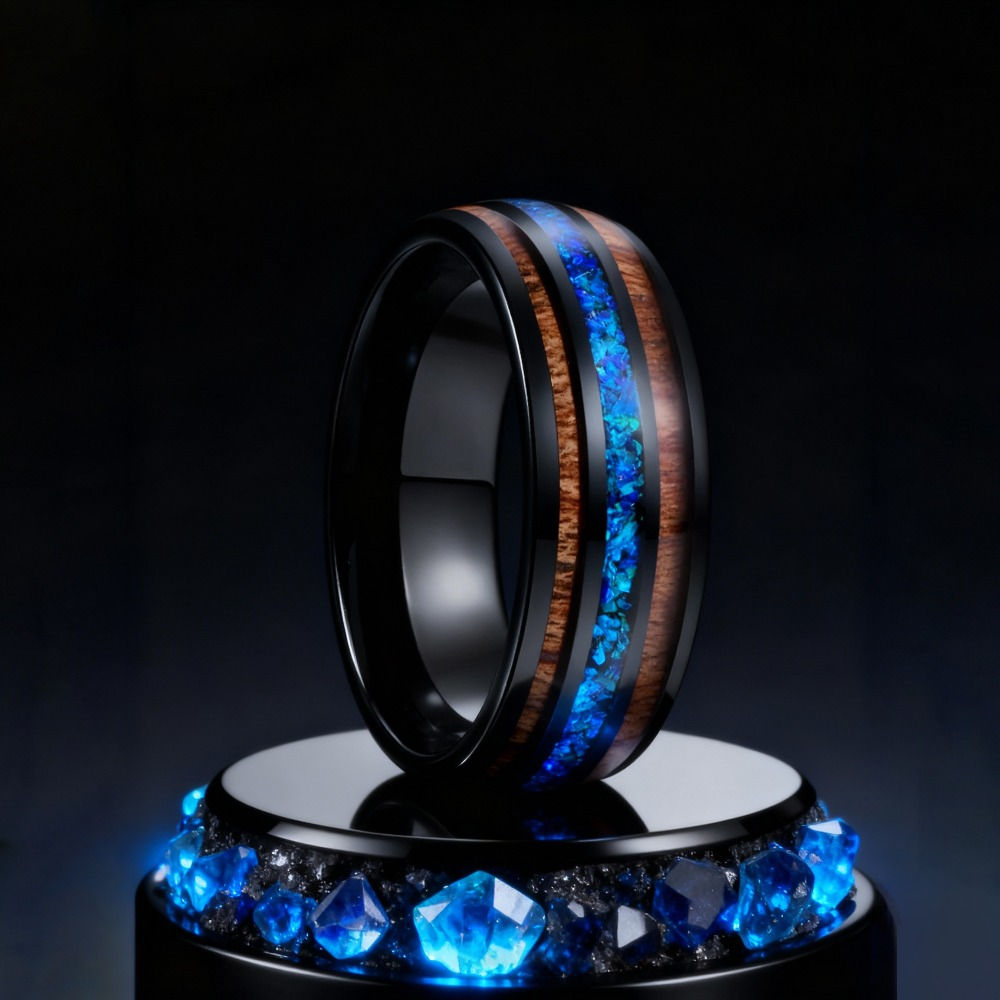 8MM Black Stainless Steel Men’s Ring with Dual Groove and Wood Inlay – Polished