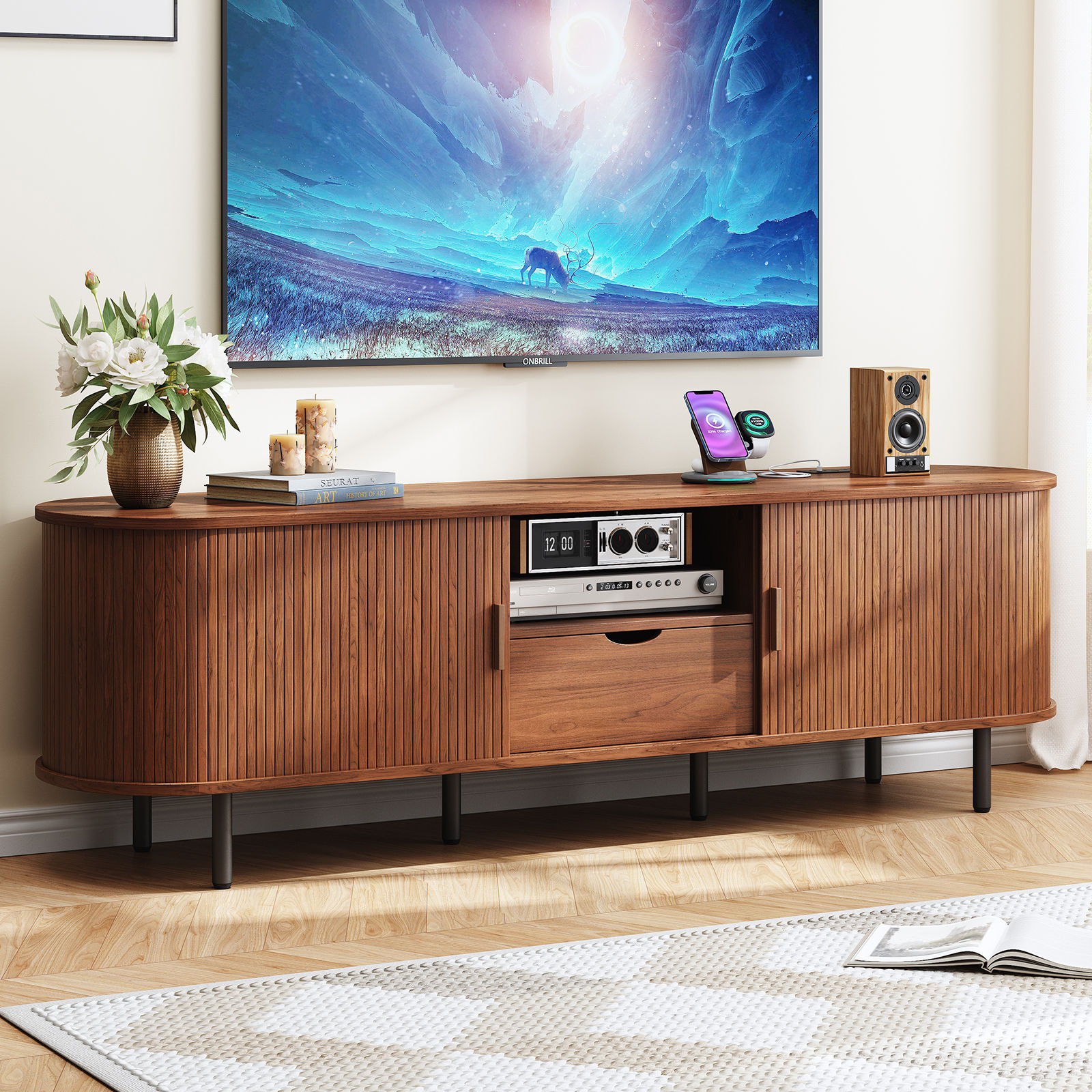 69” TV Stand – Walnut Console with Power Outlet & Sliding Door Storage