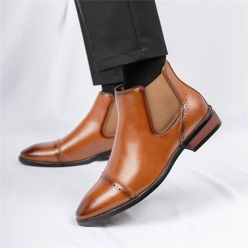Thumbnail: Black Brown Pointed Ankle Boots for Men Winter High Top Business Casual Style