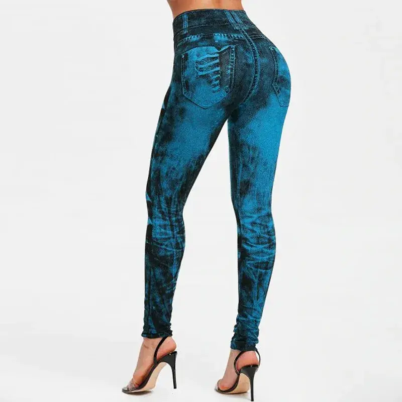 Thumbnail: Imitation Jeans High Waist Leggings – Slim Fit Push Up