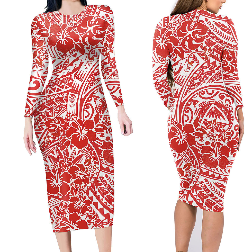 Thumbnail: Plus Size Polynesian Floral Dress Long Sleeve Casual Samoa Style