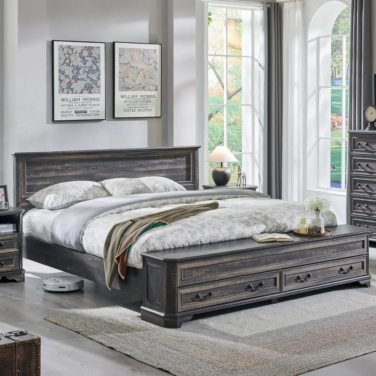 Farmhouse King Bed Rustic Wood Platform with Headboard & 4-Drawer Storage Bench