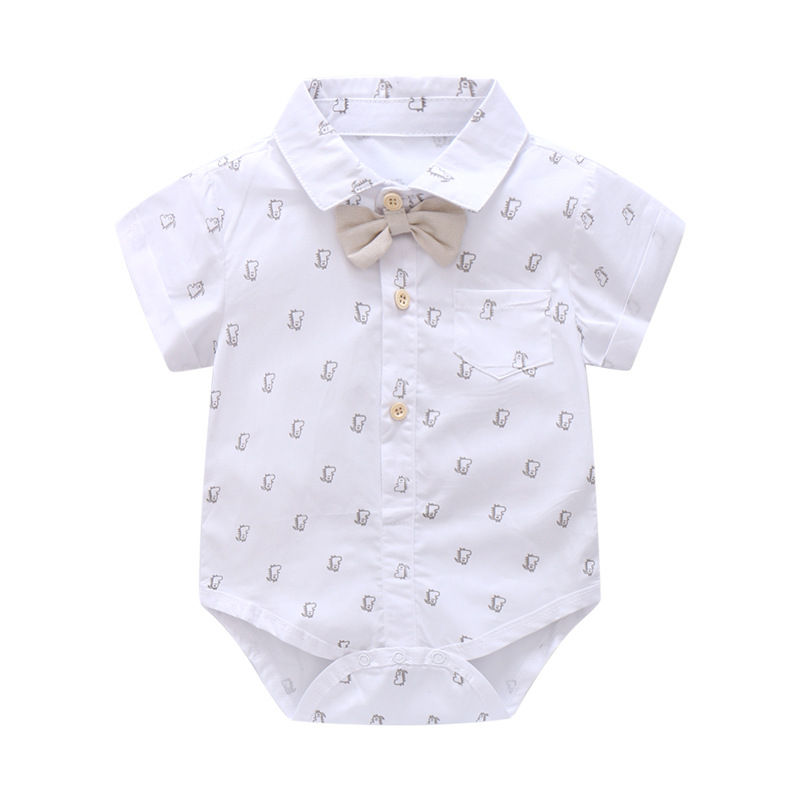 Thumbnail: Baby Boy Bow Tie Bodysuit – Cartoon Animal Print Cotton Romper