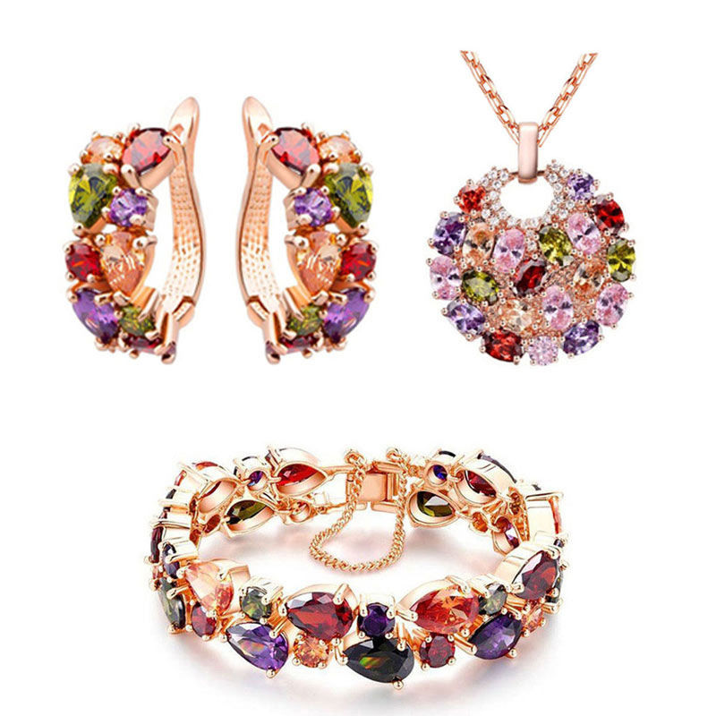 Women’s Colorful Crystal African Jewelry Set – Bridal 3‑Piece Necklace Set