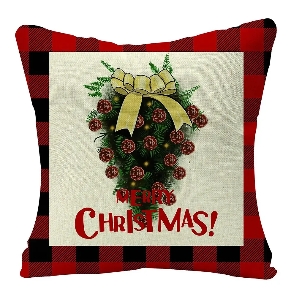 Thumbnail: Christmas Red Plaid Linen Cartoon Reindeer Tree Print Cushion Cover Sofa