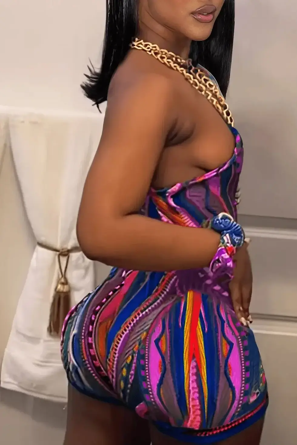 Thumbnail: Striped Paisley Print Two-Piece Set – One-Shoulder Crop Top & Shorts