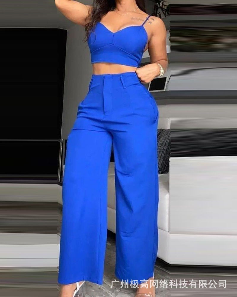 Thumbnail: RHJPEADL V-Neck Crop Top & Wide-Leg Pants Set – Summer Two-Piece Outfit