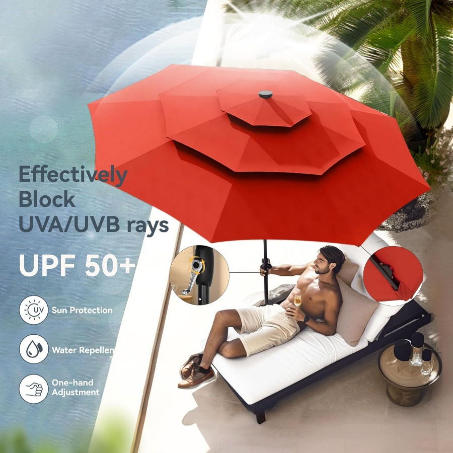Thumbnail: 10FT Patio Umbrella with Solar LED Lights and Auto-Tilt 3-Tier Design