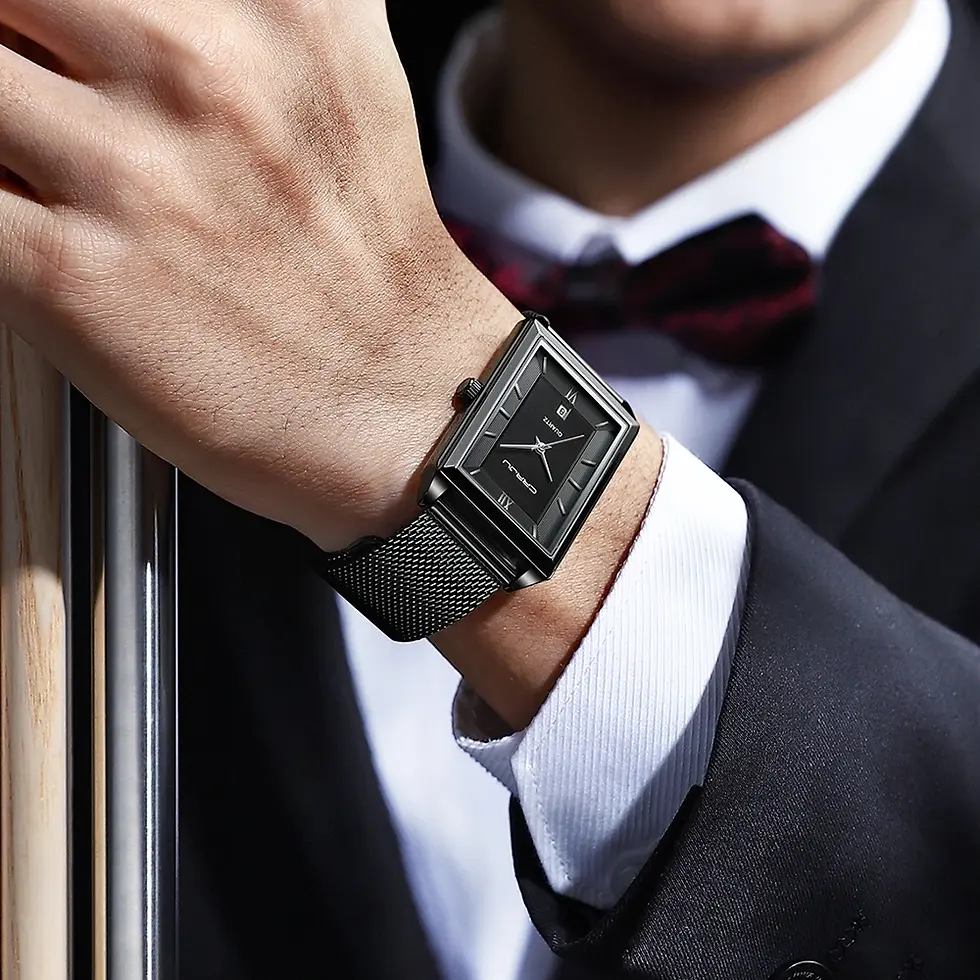 Thumbnail: Square Quartz Watch with Gold Stainless Steel Band & Calendar Display