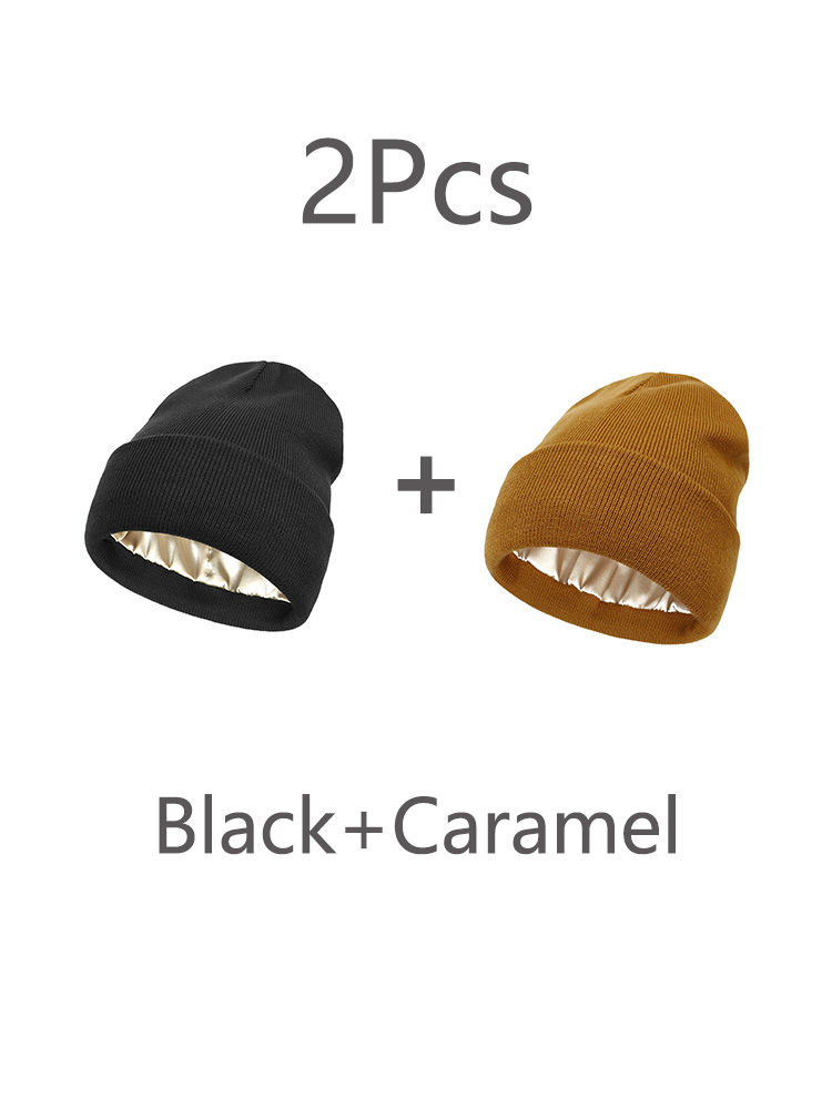 Thumbnail: Unisex Satin Lined Beanie Hat 2pcs Winter Warm Double Layer Ear Protection Cap