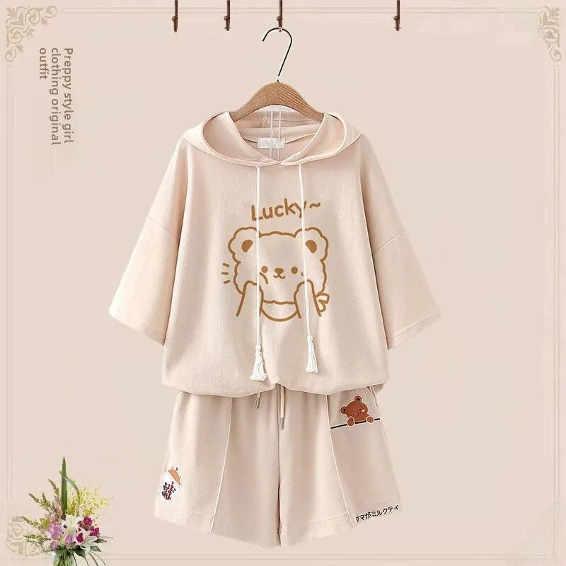Thumbnail: Cute Bear Print Short Sleeve T-Shirt and Shorts Set for Summer Casual Wear