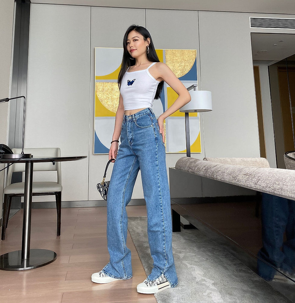 Thumbnail: Women’s High‑Waist Straight‑Leg Bootcut Jeans Split‑Hem Blue Denim