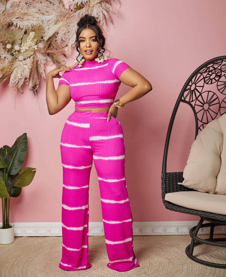 Thumbnail: Striped Two-Piece Set – Short-Sleeve O-Neck Top with Full-Length Trousers
