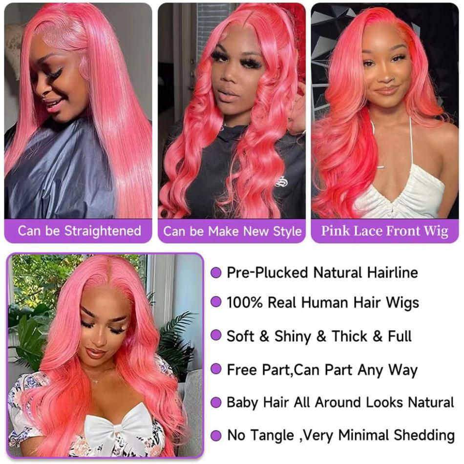 Thumbnail: Light Pink Body Wave Wig with 13x6 HD Lace Frontal Brazilian Hair