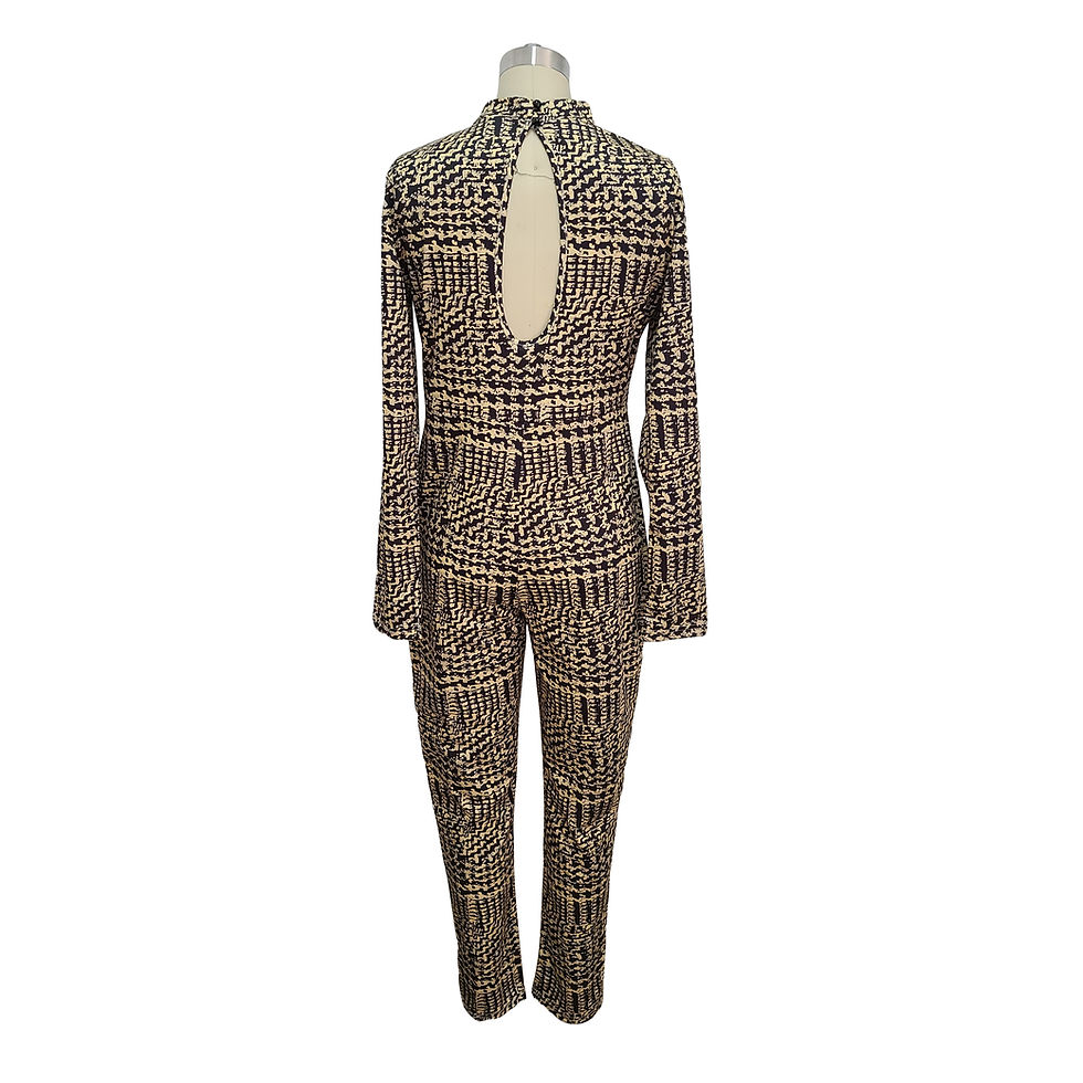 Thumbnail: Cotton Blend Houndstooth Long Sleeve Cut Out Jumpsuit for Women Stylish Playsuit