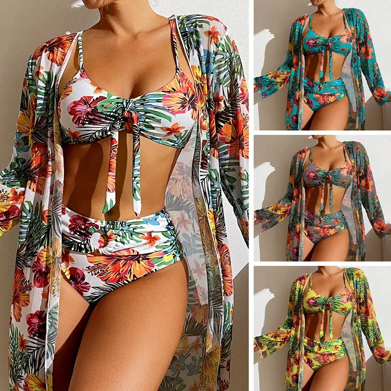 Thumbnail: Women’s Floral Print Three Piece Summer Swimsuit Set Bikini with Cover Up