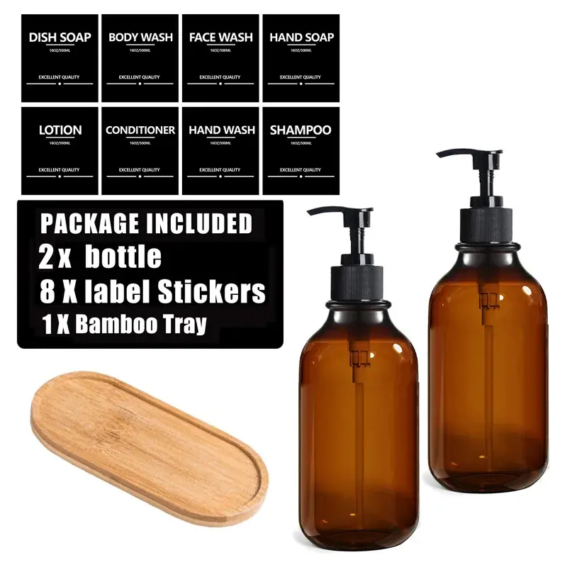 Thumbnail: 500ml Amber Soap Dispenser Set – Refillable Pump Bottles with Black Labels