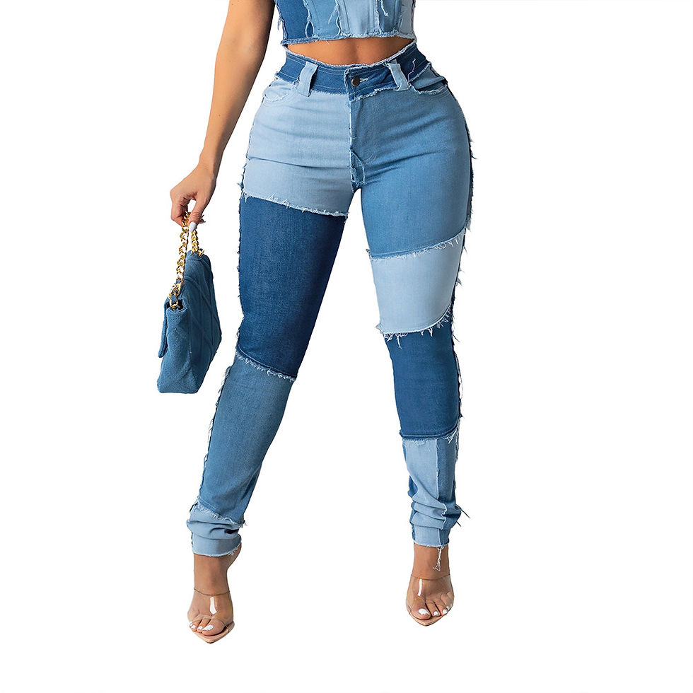 Thumbnail: Womens Skinny Distressed Denim Jeans Pants with Brushed Tassels and Patchwork