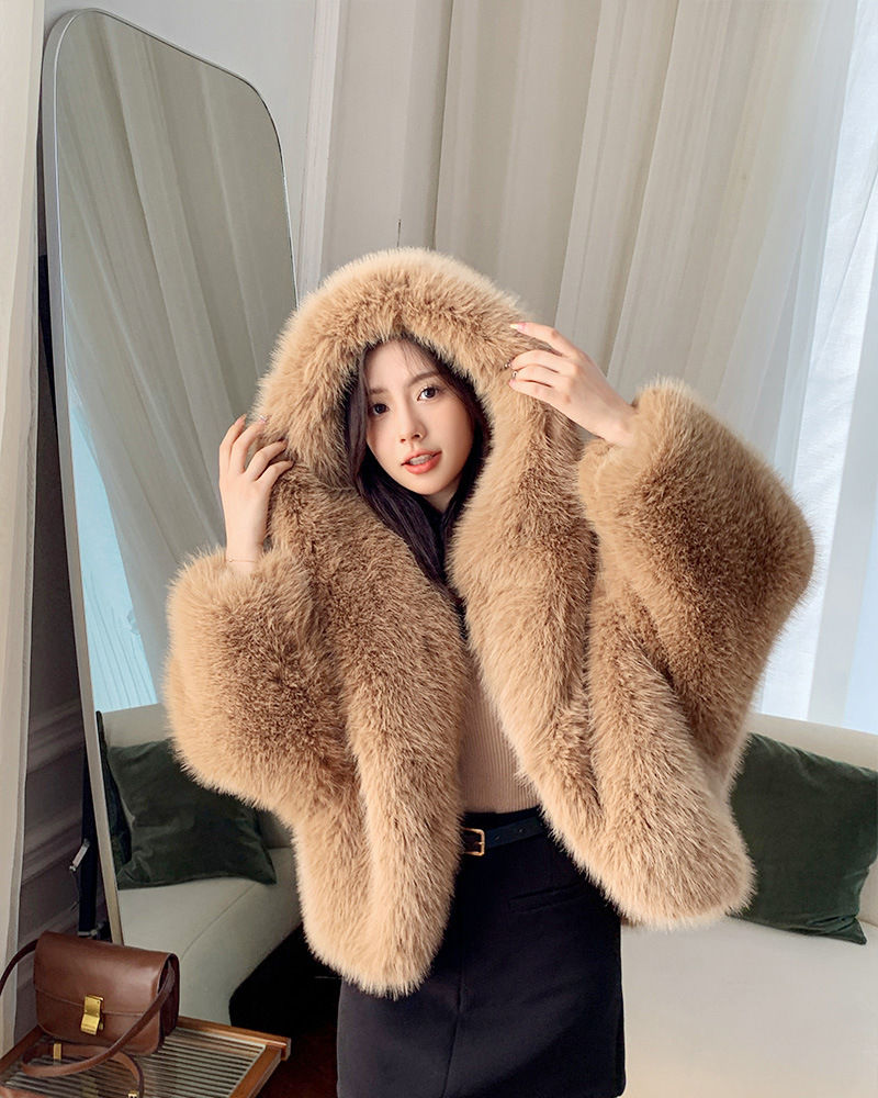 Thumbnail: Solid Color Hooded Faux Fur Coat for Women