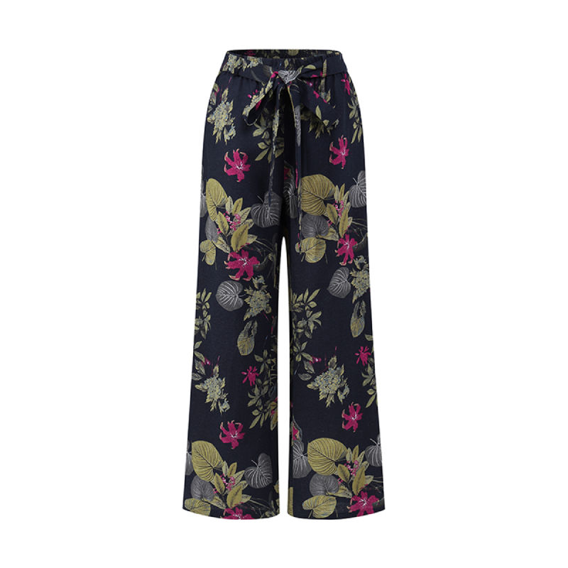 Thumbnail: Floral Print Wide-Leg Drawstring Trousers for Casual Spring and Summer Wear