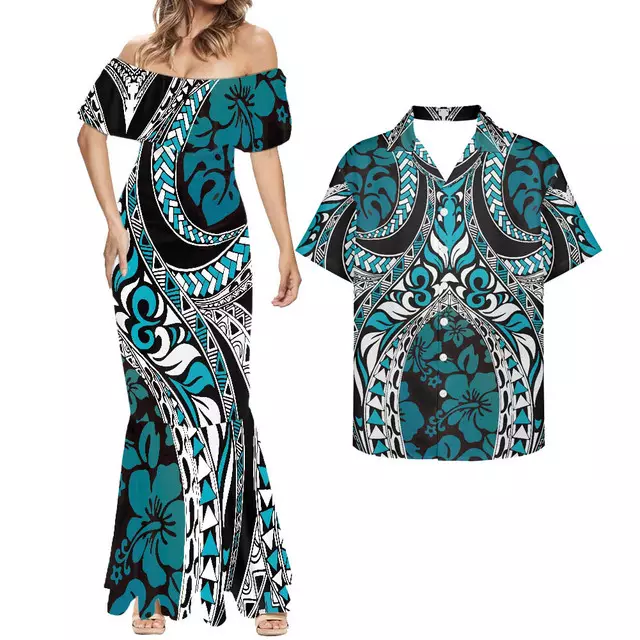 Thumbnail: Couple Matching Polynesian Hawaiian Floral Outfit Set 2‑Piece