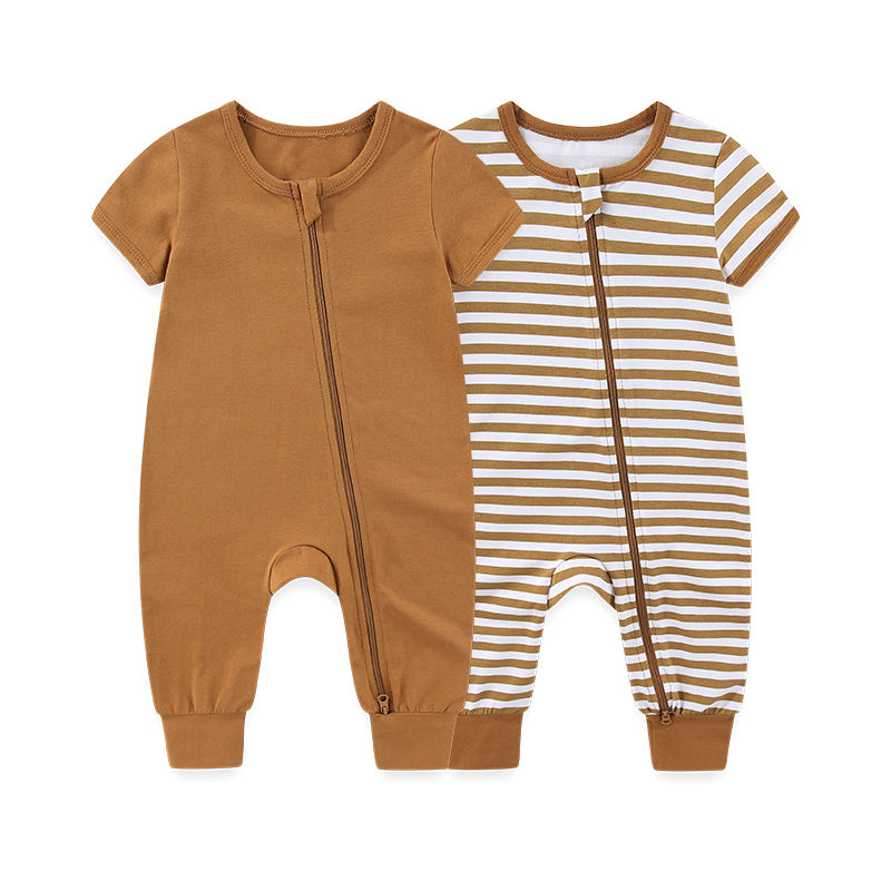 Thumbnail: 2pcs Unisex Solid Short Sleeve Zipper Baby Romper Set