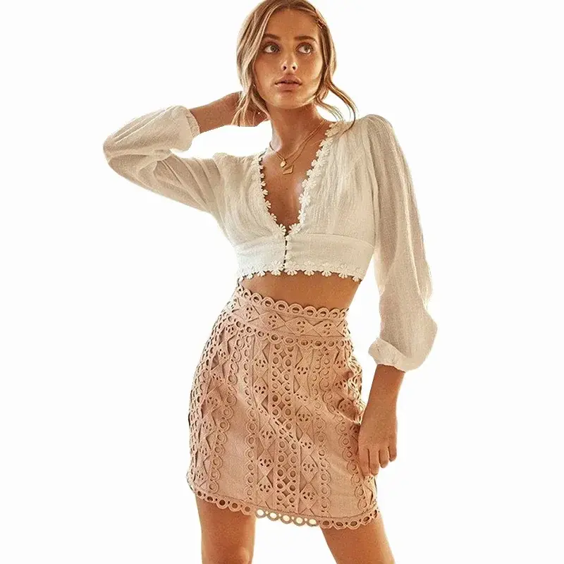 Vintage Cropped Deep V Lantern Sleeve Boho Beach Blouse Women Sexy Top