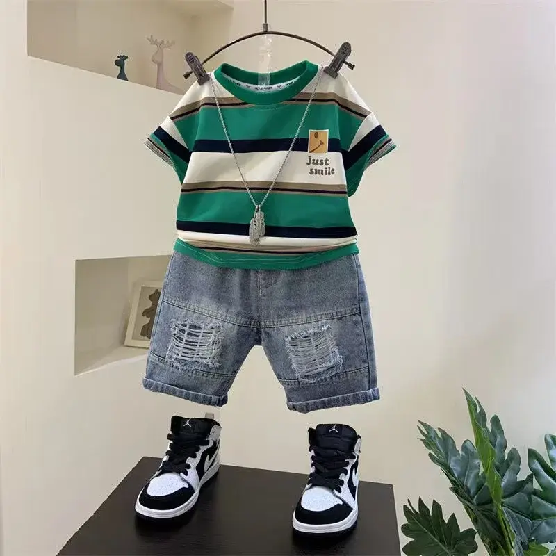Thumbnail: Boys Cotton Summer Shirt and Denim Shorts Outfit Set