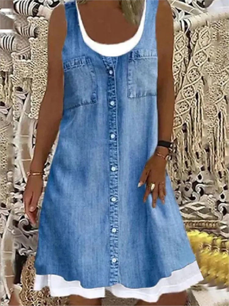 Thumbnail: Sleeveless Printed Knee-Length Dress Loose Fit Summer Style