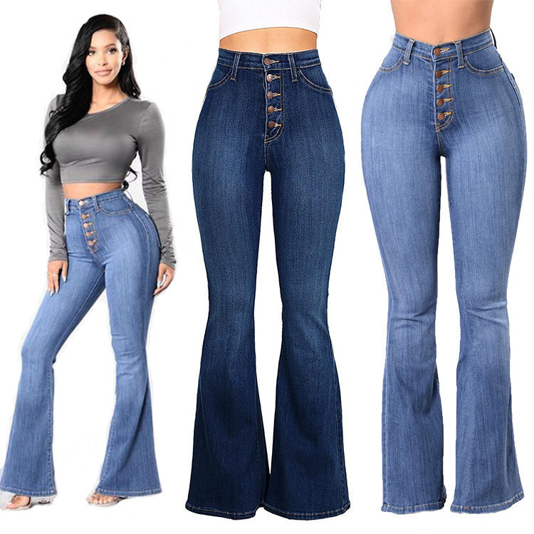 Blue High Waist Flare Jeans Full Length Button Denim Butt Lifting Pants