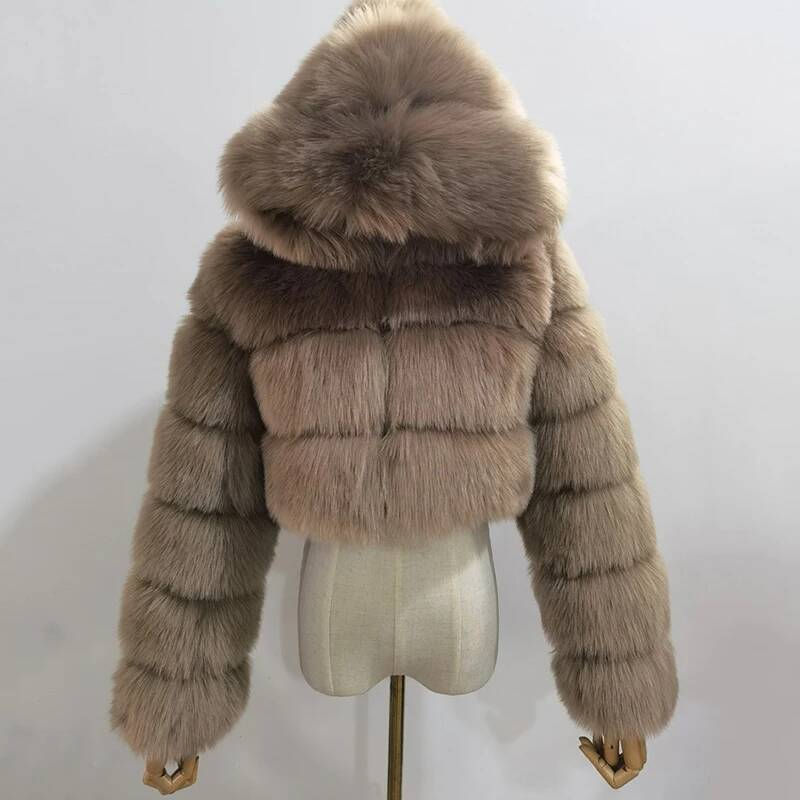 Thumbnail: Women’s Short Hooded Faux Fox Fur Coat – Thick Warm Winter Outerwear