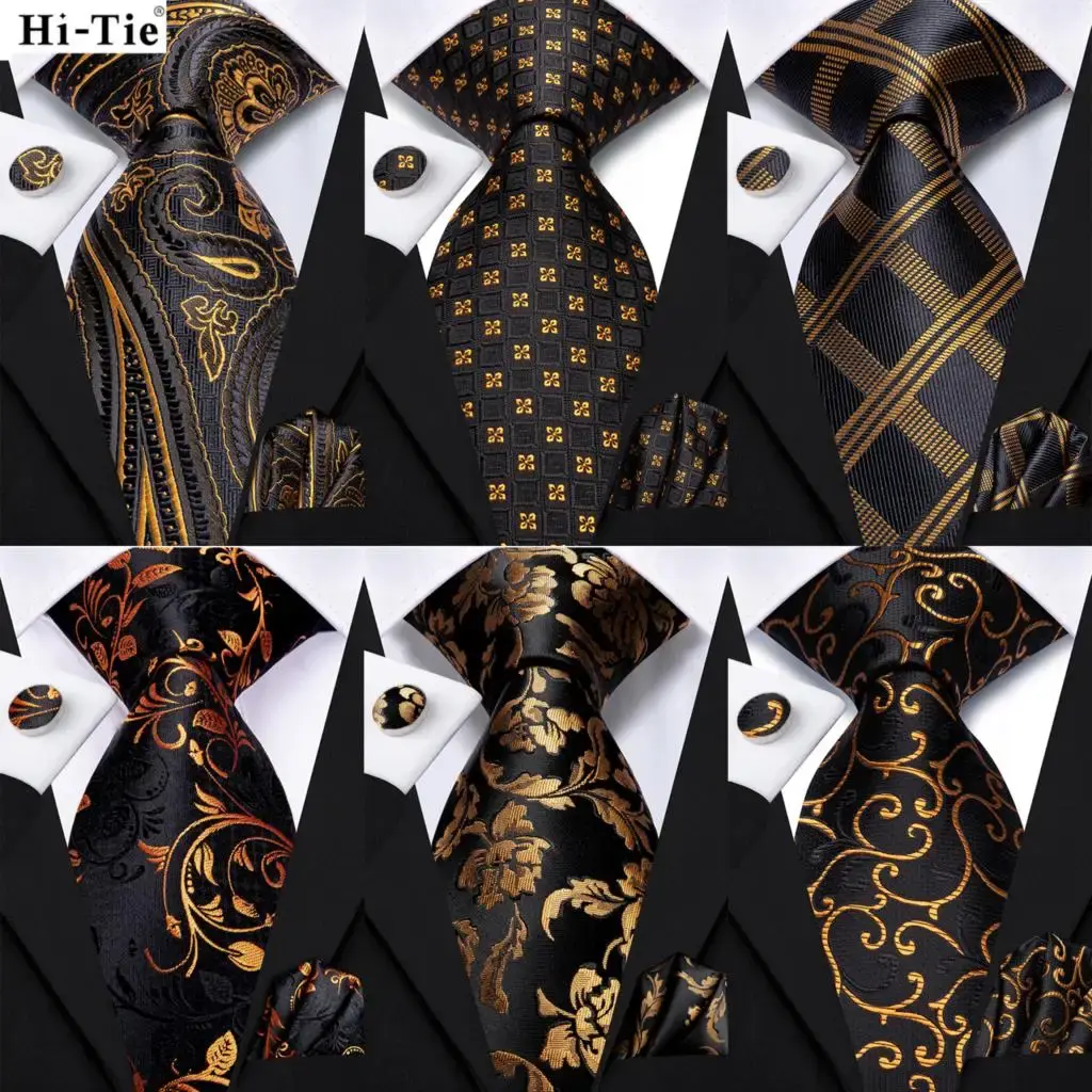 Mens Black Gold Paisley Silk Tie Set with Pocket Square and Cufflinks Gift