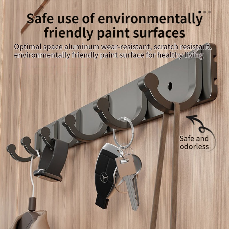 Thumbnail: Punch-Free Aluminum Wall Hooks – 6-Hook Storage Rack for Kitchen & Bathroom