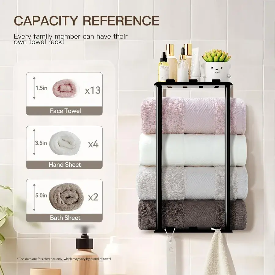 Thumbnail: Stainless Steel Towel Rack with Shelf & 6 Hooks – Wall-Mounted, Space-Saving