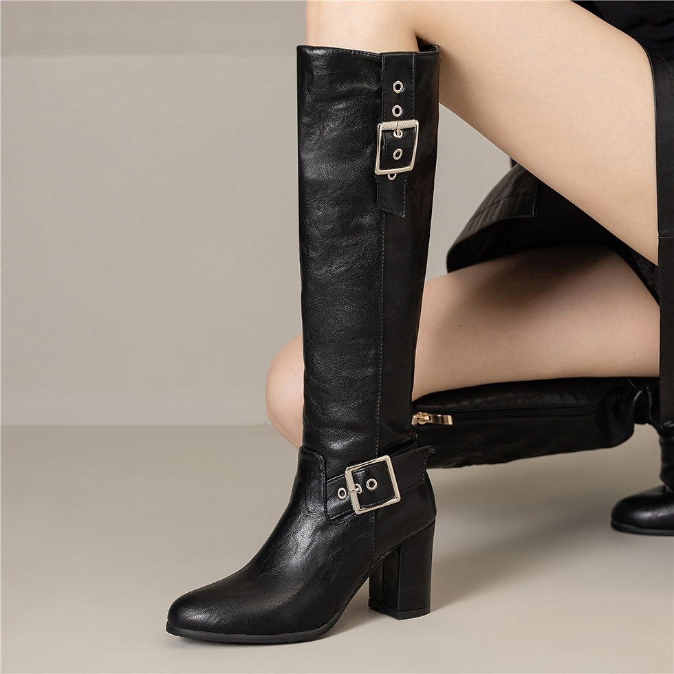 Thumbnail: Womens Retro Denim Boots with Belt Buckle and Round Toe for Autumn and Winter
