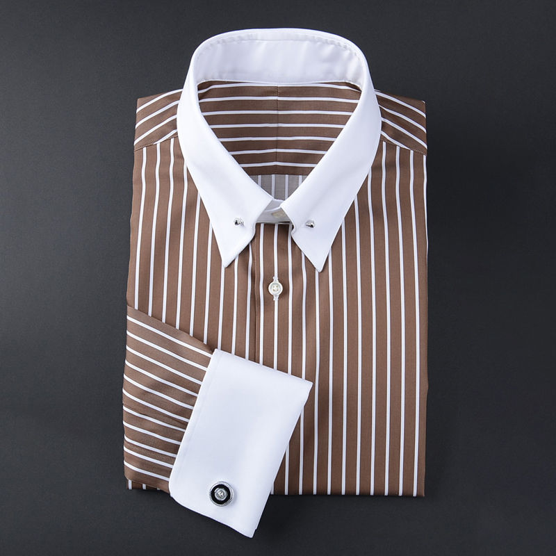 Men's Long Sleeve Striped French Shirt – Slim Fit Smart Casual Office Wear