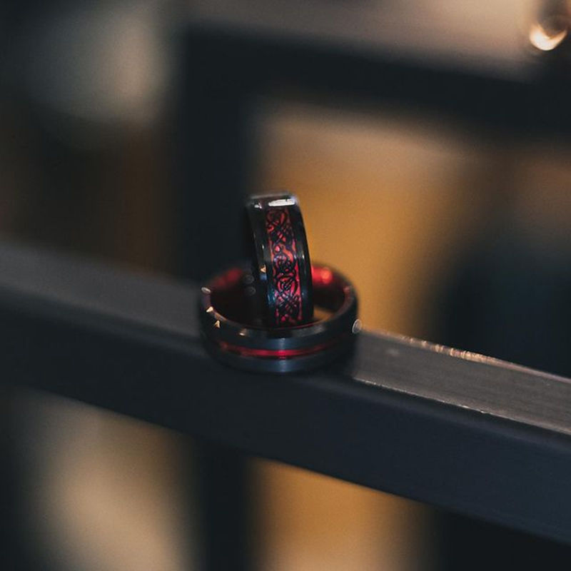 Thumbnail: Men’s Black Tungsten Wedding Ring with Red Groove & Beveled Edge – 8mm Band